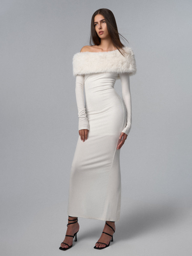 Faux Fur Off Shoulder Long Sleeve Bodycon Maxi Dress 3