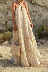 Appliqué Halter Neck Keyhole Tiered Maxi Dress