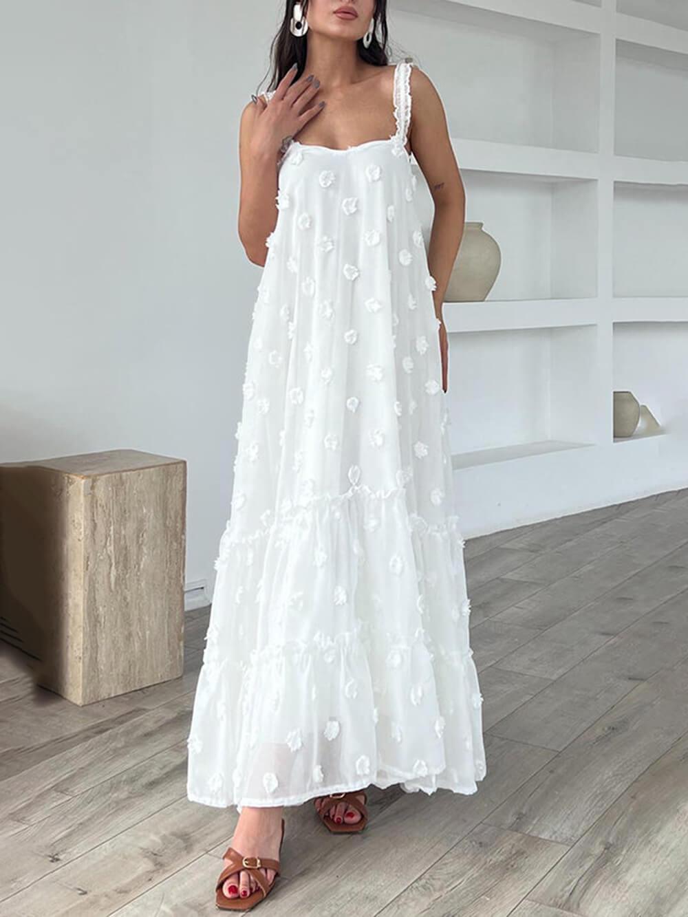 Flower Decor Pretty A-Line Layered Loose Maxi Dress White