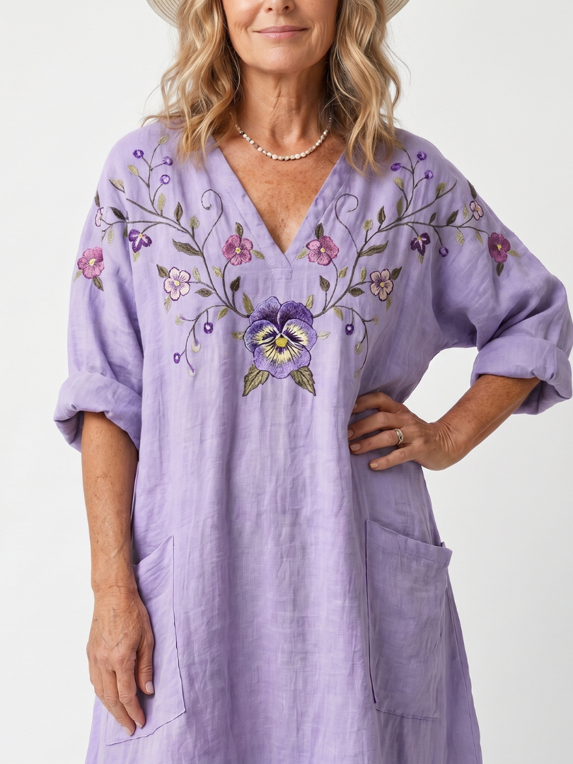 Floral Embroidered V-Neck Rolled Sleeve Pocket Midi Dress