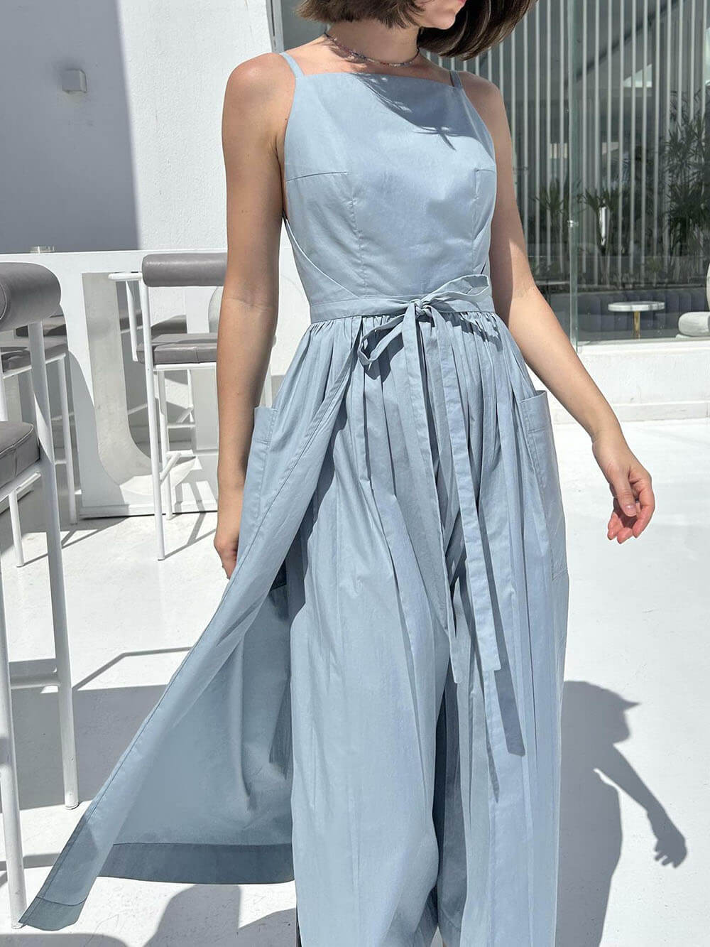 Spaghetti Strap Square Neck Tie Belt Side Pocket Maxi Dress