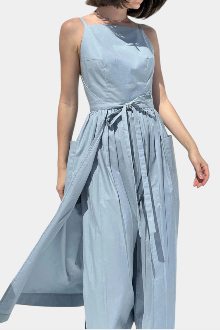 Square Neck Spaghetti Strap Tie Waist Wide Leg Jumpsuit