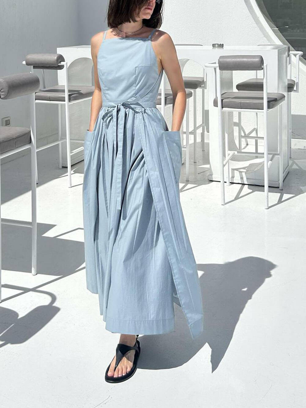 Spaghetti Strap Square Neck Tie Belt Side Pocket Maxi Dress