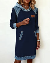Hooded Long Sleeve Denim Patchwork Mini Dress Pocket 4