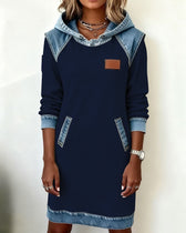 Hooded Long Sleeve Denim Patchwork Mini Dress Pocket 13