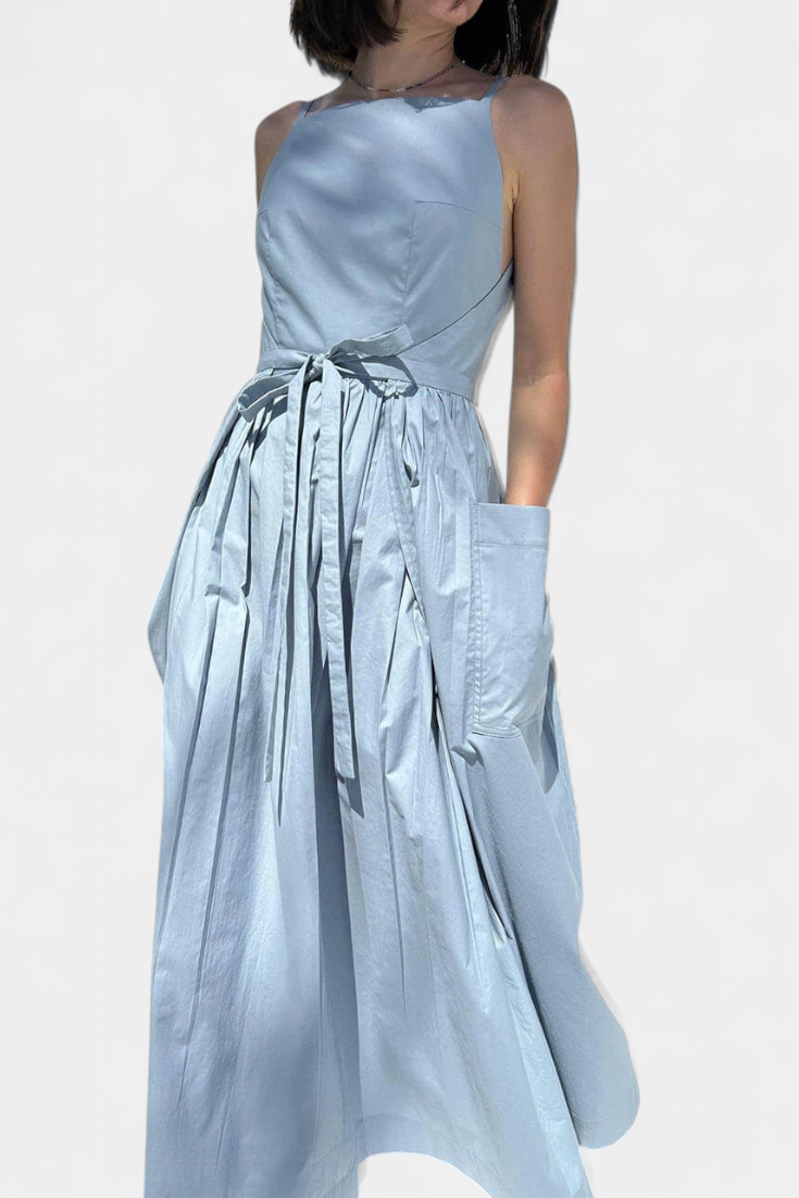 Square Neck Spaghetti Strap Tie Waist Wide Leg Jumpsuit