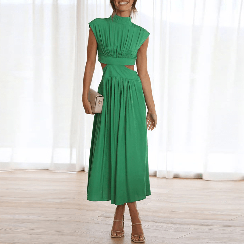Mock Neck Cap Sleeve Cut Out Waist Pleated Midi Dress