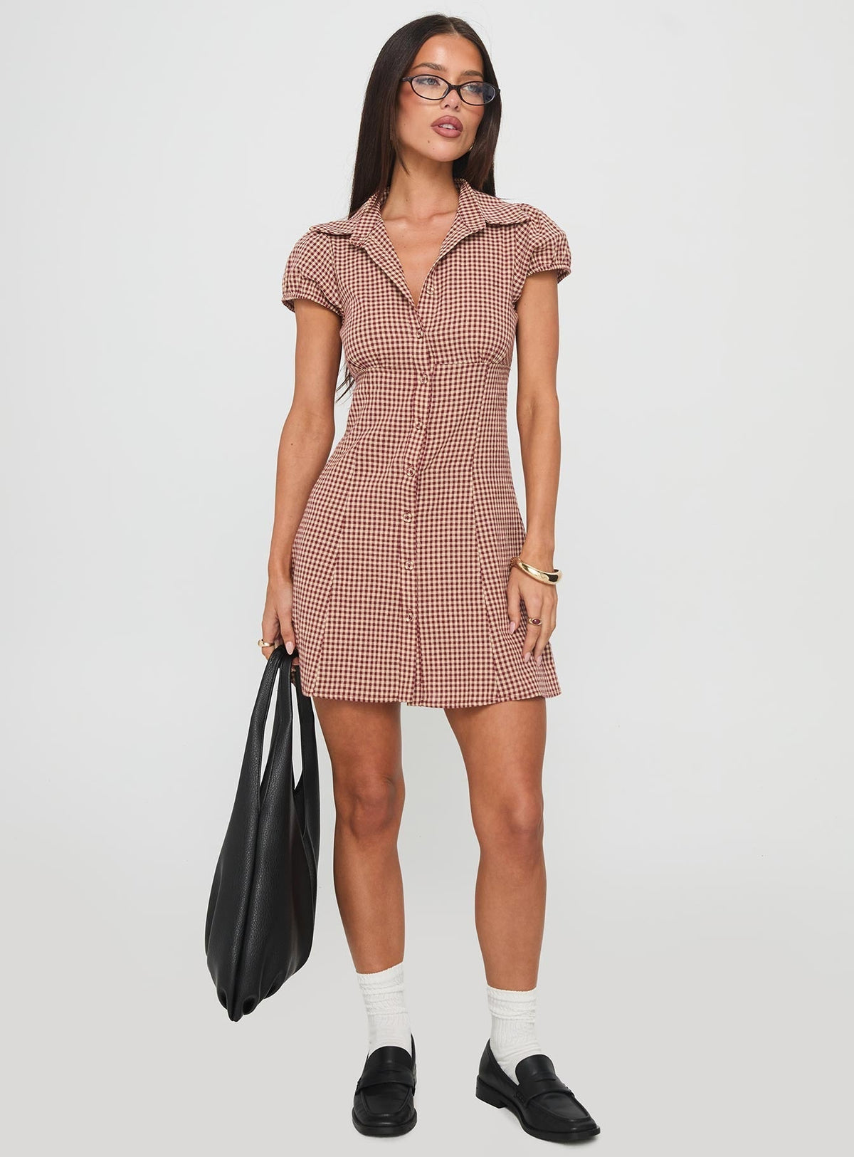 Gingham Collared Puff Sleeve Button Front A-Line Shirt Mini Dress 2