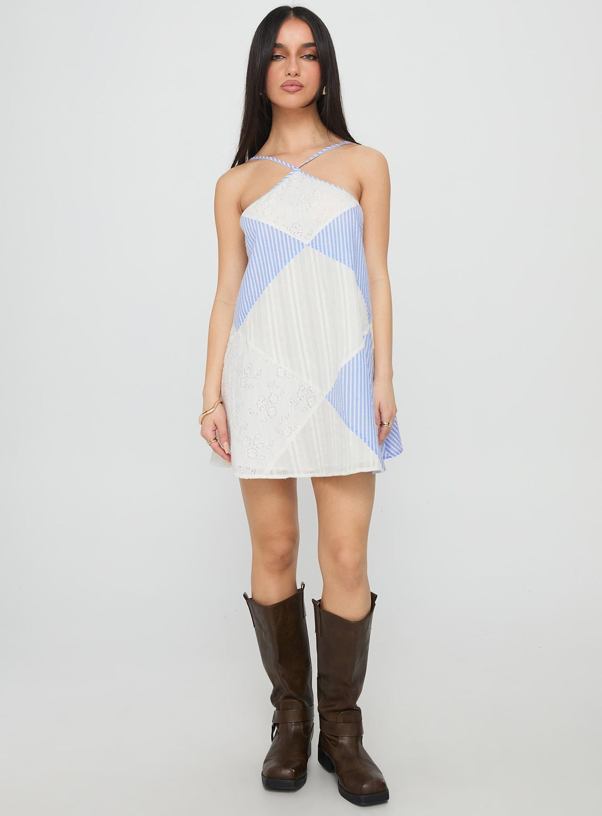 Striped Patchwork Embroidered Halter Neck A-Line Mini Dress 3