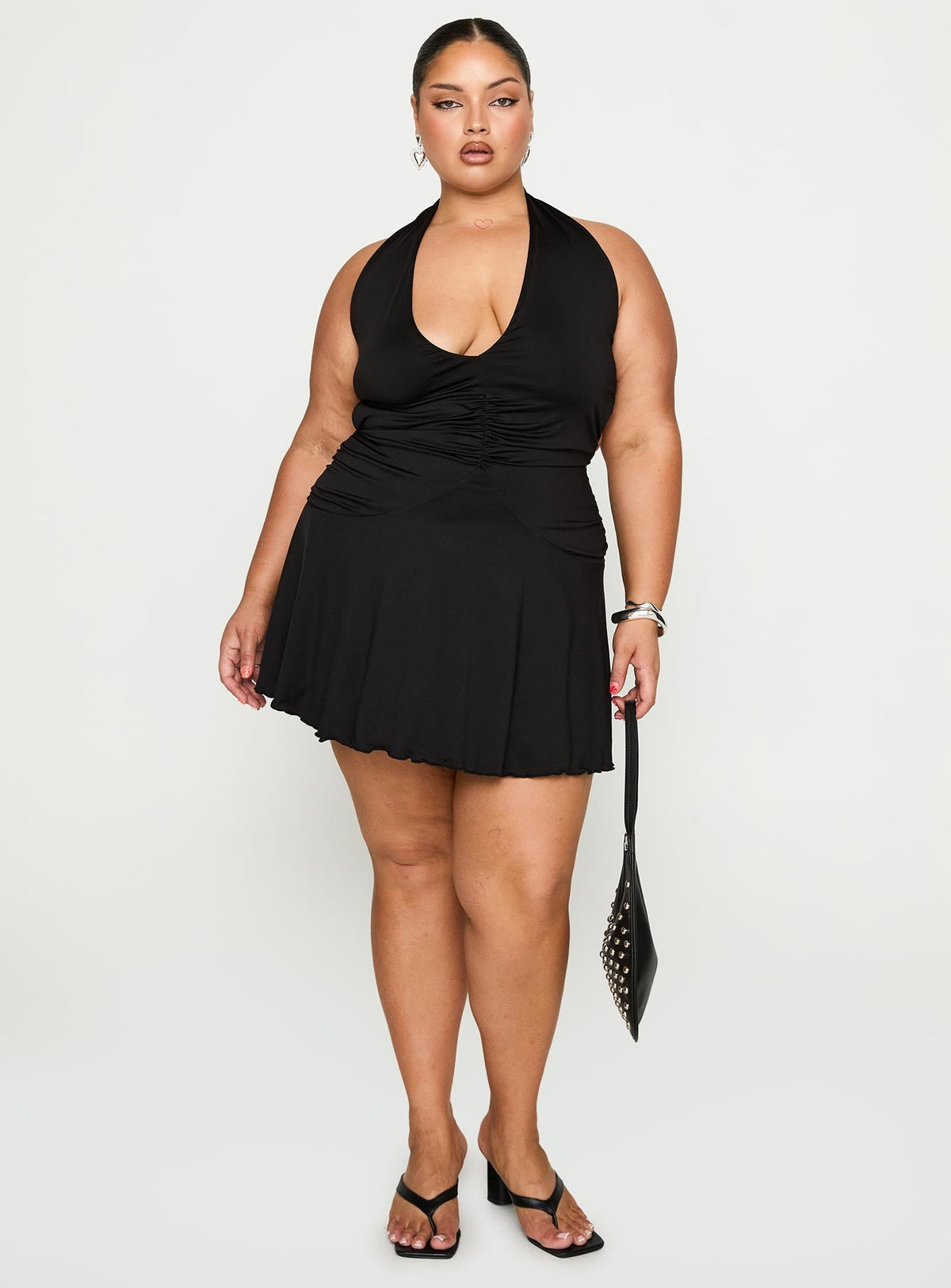 Plus Size Halter Deep V-Neck Ruched Lettuce Hem Flared Mini Dress 3