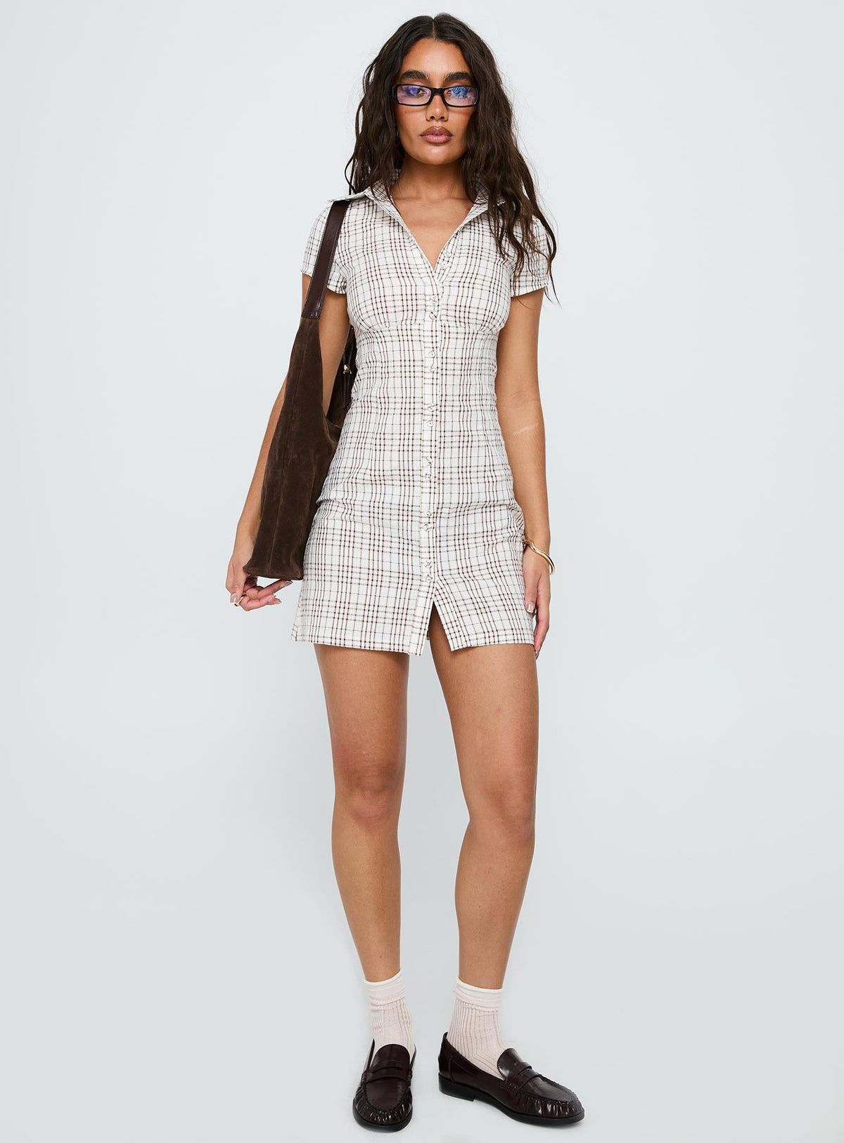 Plaid Collared Short Sleeve Button Front Mini Shirt Dress 3
