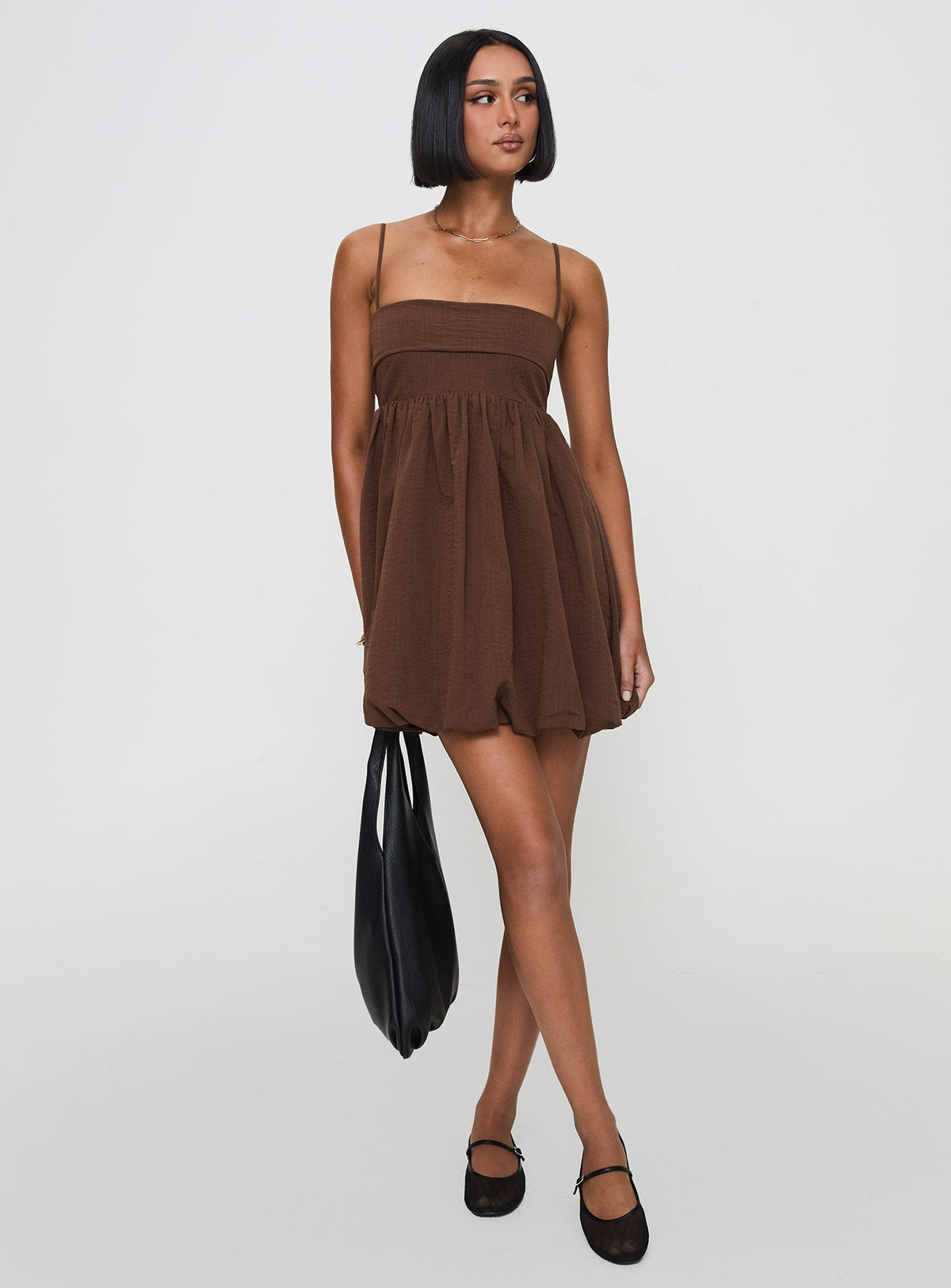 Spaghetti Strap Straight Neck Empire Waist Bubble Hem Mini Dress 3