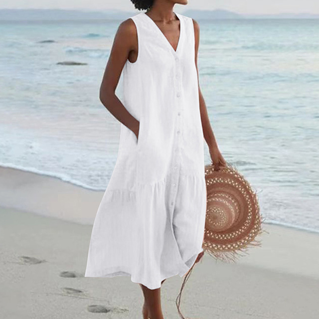Esther | Sleeveless Buttoned Midi Dress White