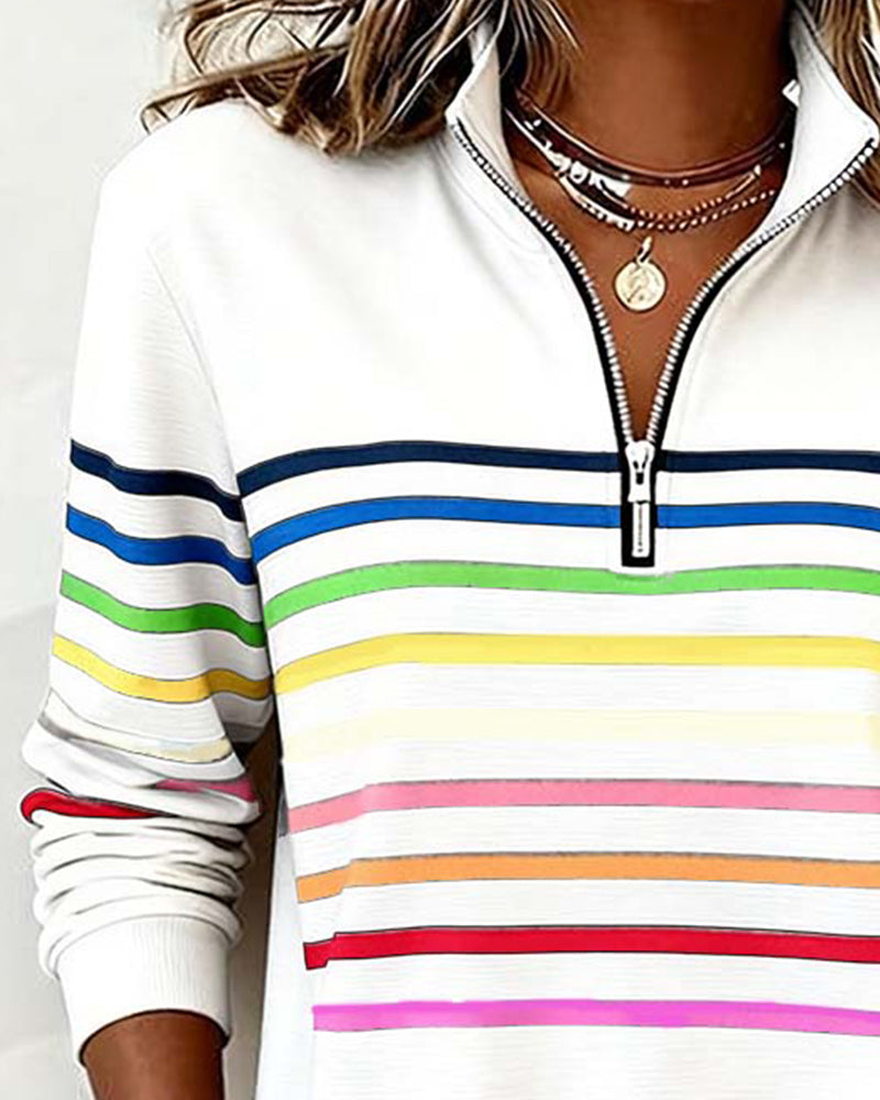 Striped Quarter Zip Mock Neck Long Sleeve Sweatshirt