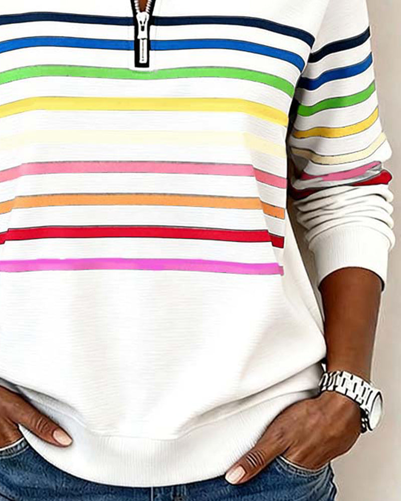 Striped Quarter Zip Mock Neck Long Sleeve Sweatshirt