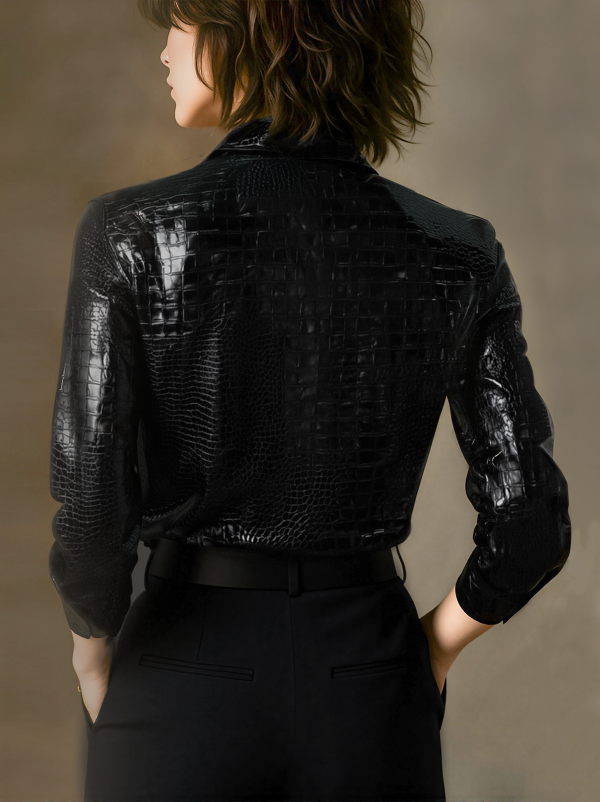 Crocodile Embossed Faux Leather Long Sleeve Shirt