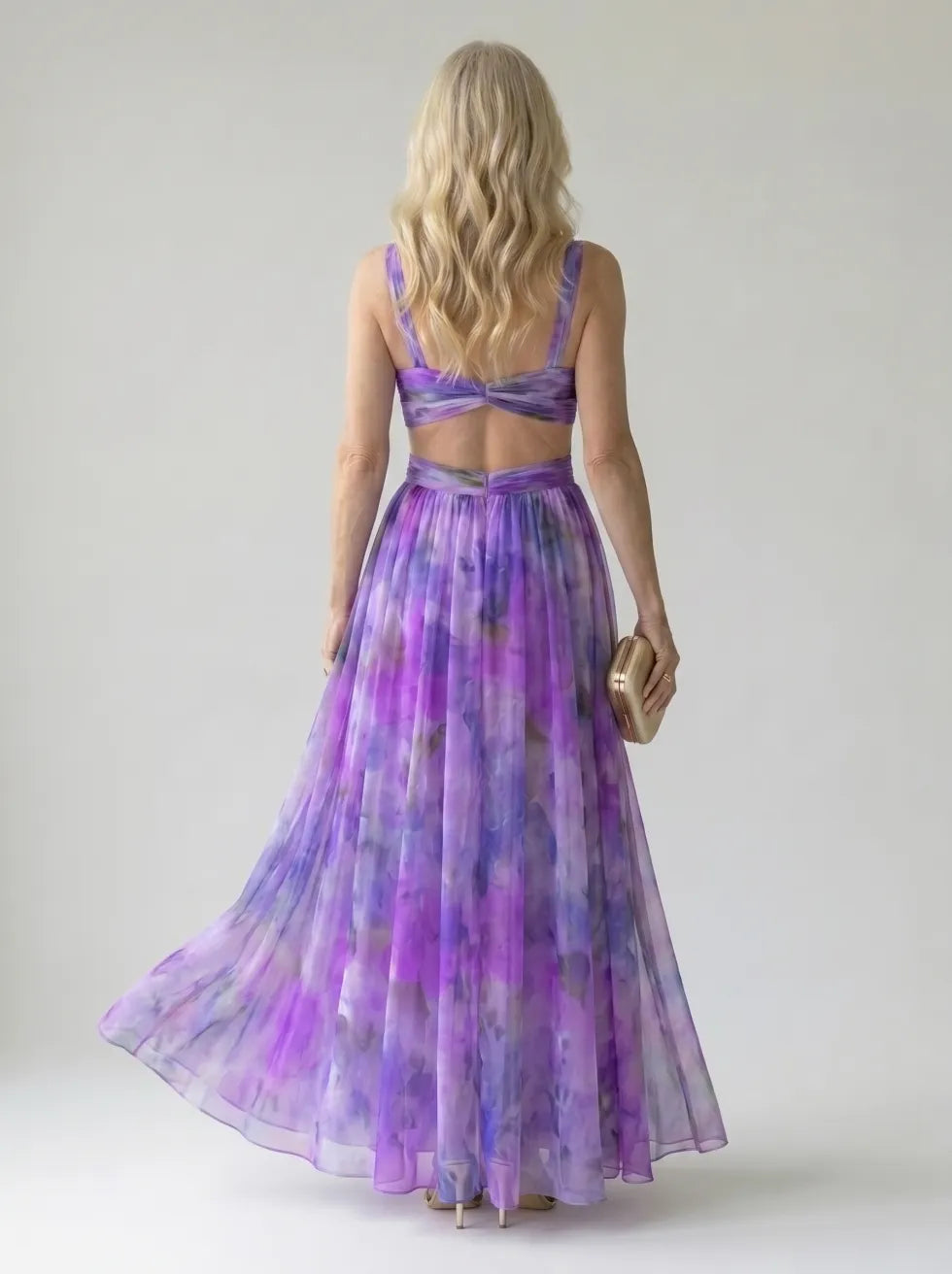 Floral V-Neck Twist Front Sleeveless Mesh Maxi Dress