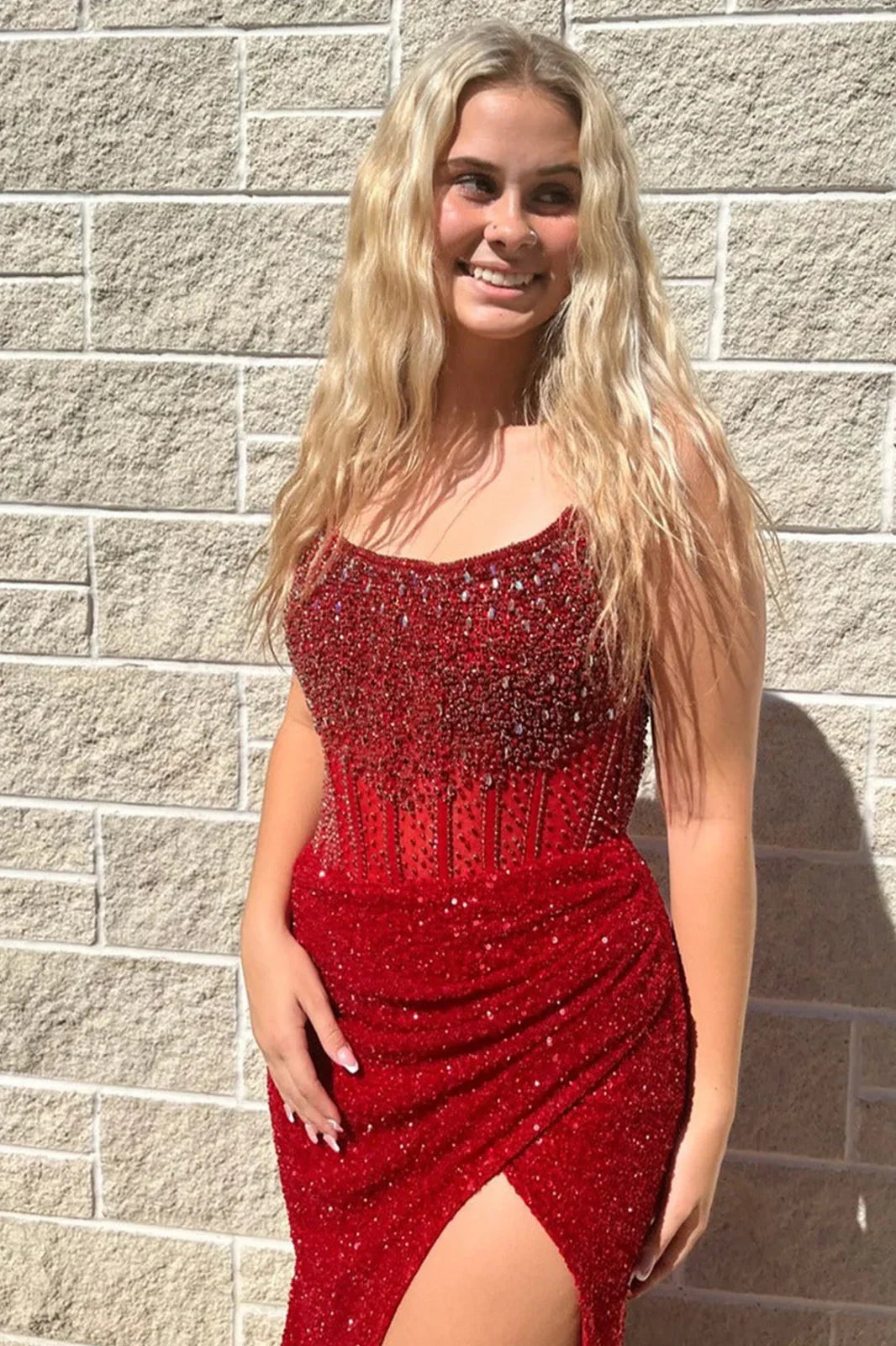 Sparkly Luxurious Mermaid Strapless Long Prom Dress with Beading And Slit