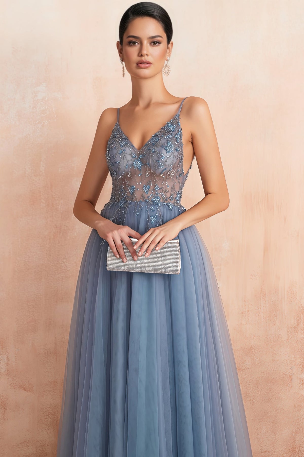 Deep V-Neck Spaghetti Strap Beaded Sheer Bodice High Split Tulle Gown 5