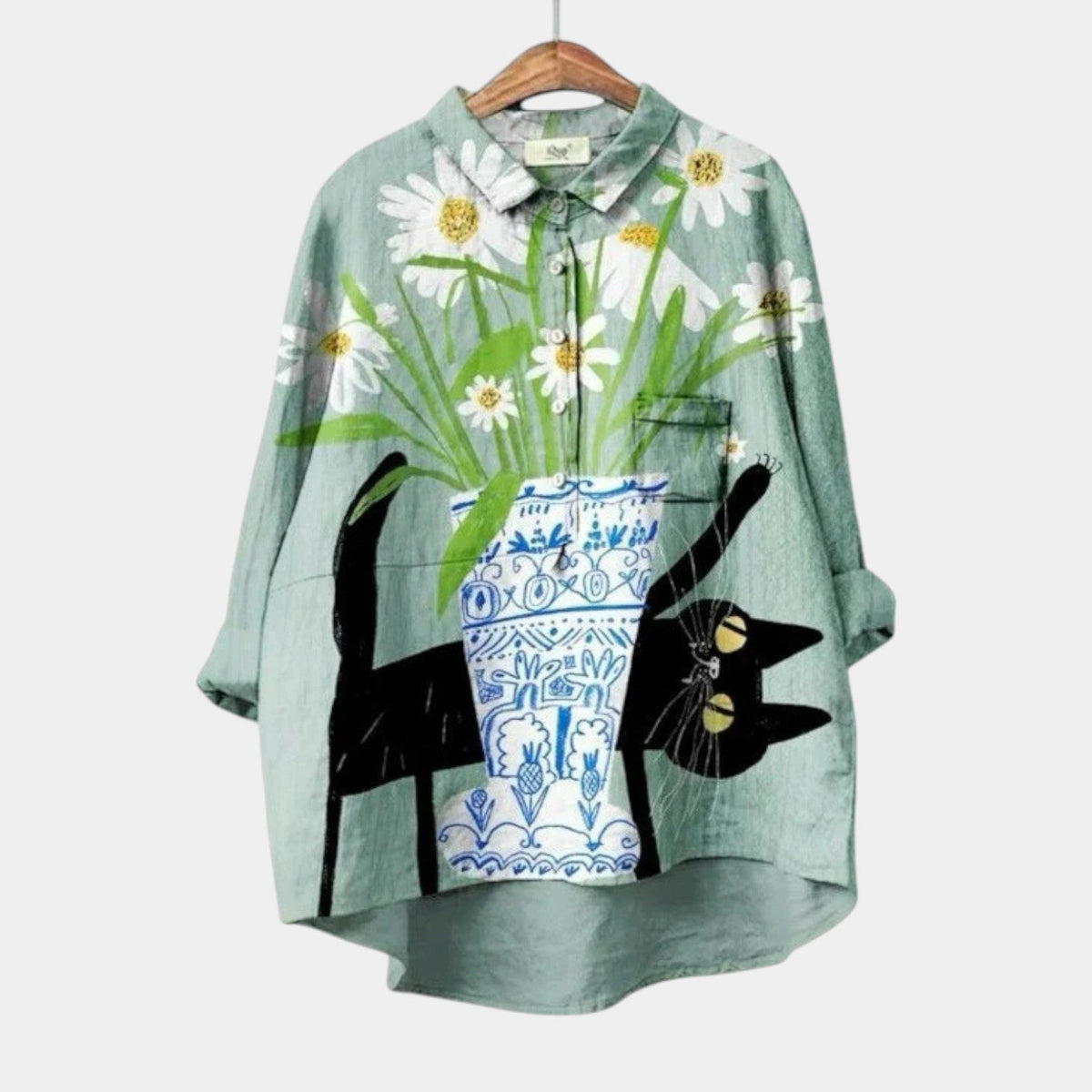 Floral Cat Print Collared Long Sleeve Shirt
