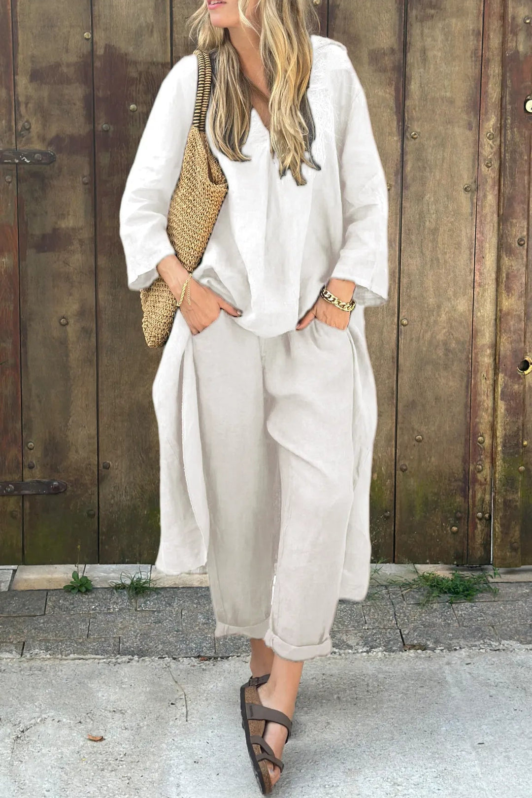 Long Sleeve V-Neck Tunic Top and Tapered Pants Two Piece Set
