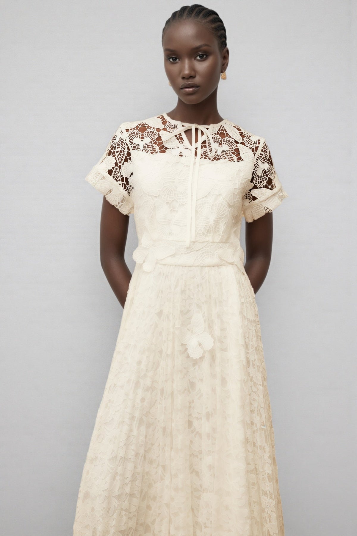 Tie Neck Short Sleeve Crochet Lace Yoke High Low Maxi Dress 5