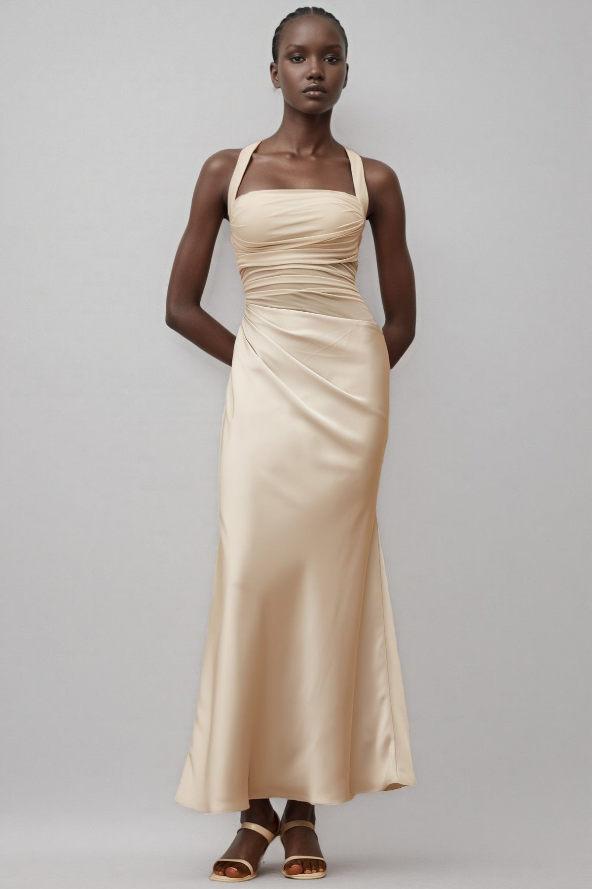 Satin Halter Neck Ruched Bodice Mesh Panel Maxi Dress
