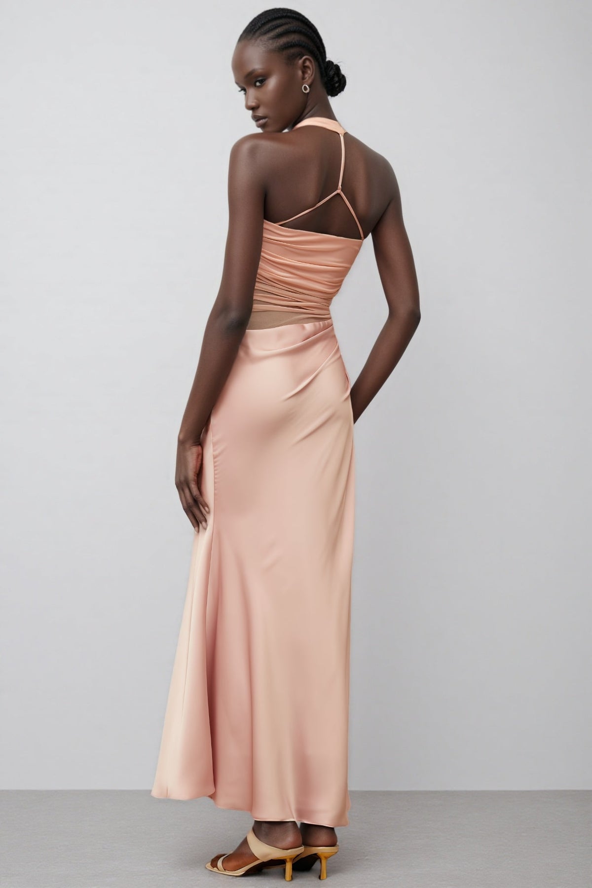 Satin Halter Neck Ruched Bodice Mesh Panel Maxi Dress 3