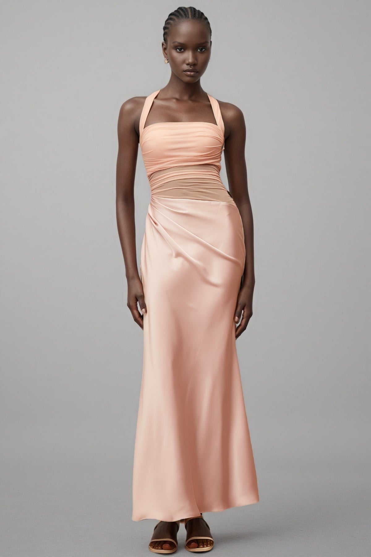 Satin Halter Neck Ruched Bodice Mesh Panel Maxi Dress