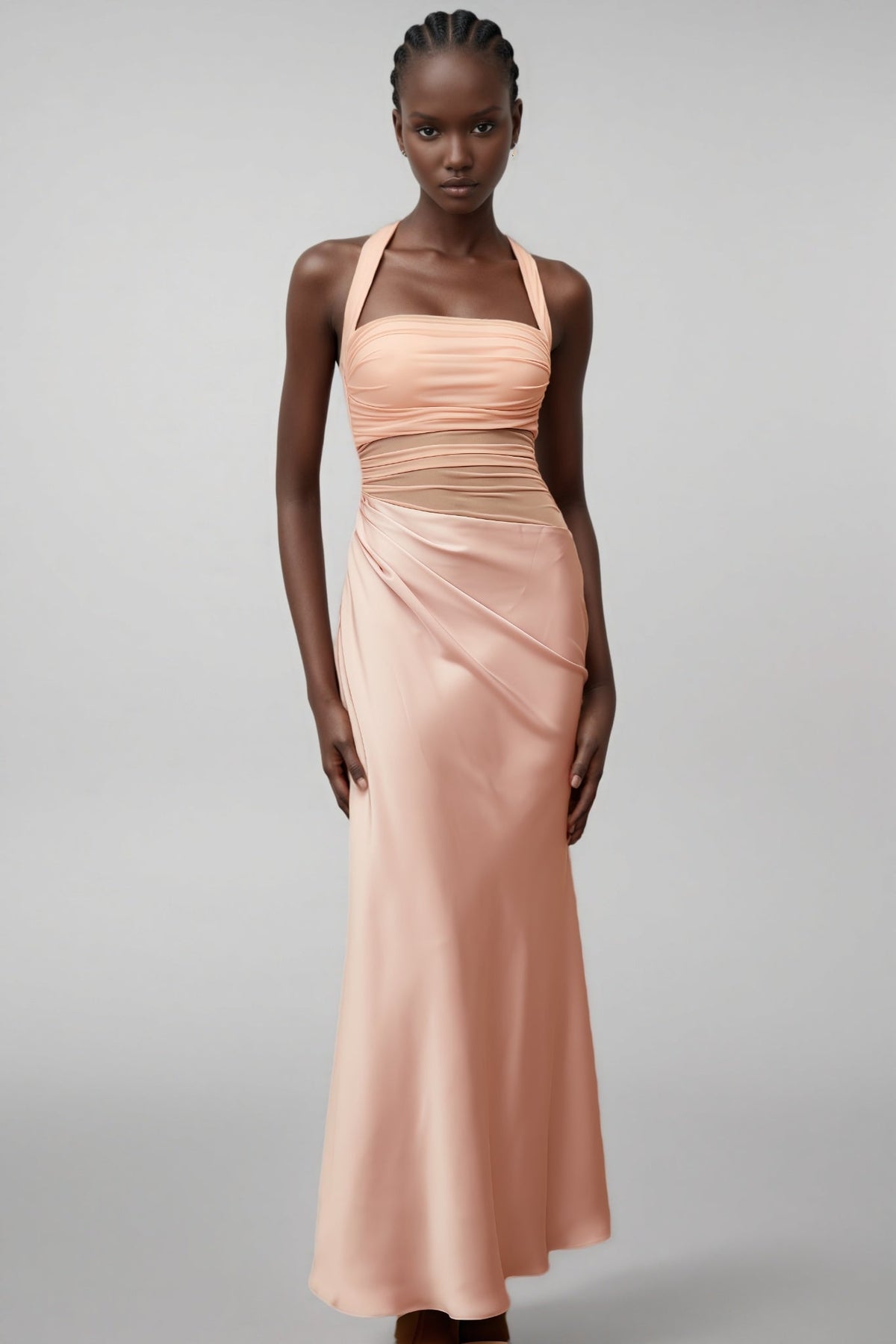Satin Halter Neck Ruched Bodice Mesh Panel Maxi Dress 2