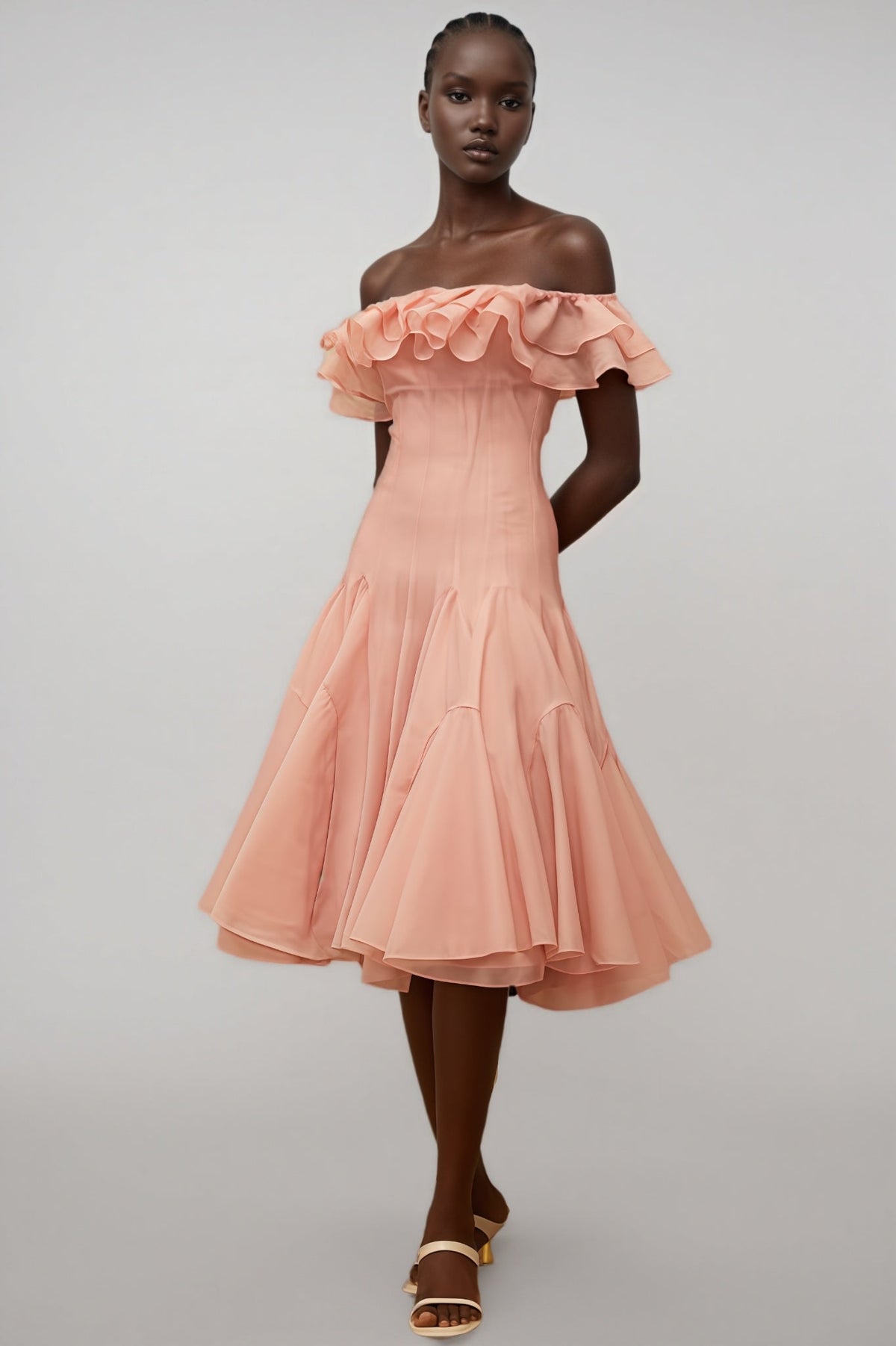 Off Shoulder Ruffle Trim Drop Waist Godet Flare Organza Midi Dress 6
