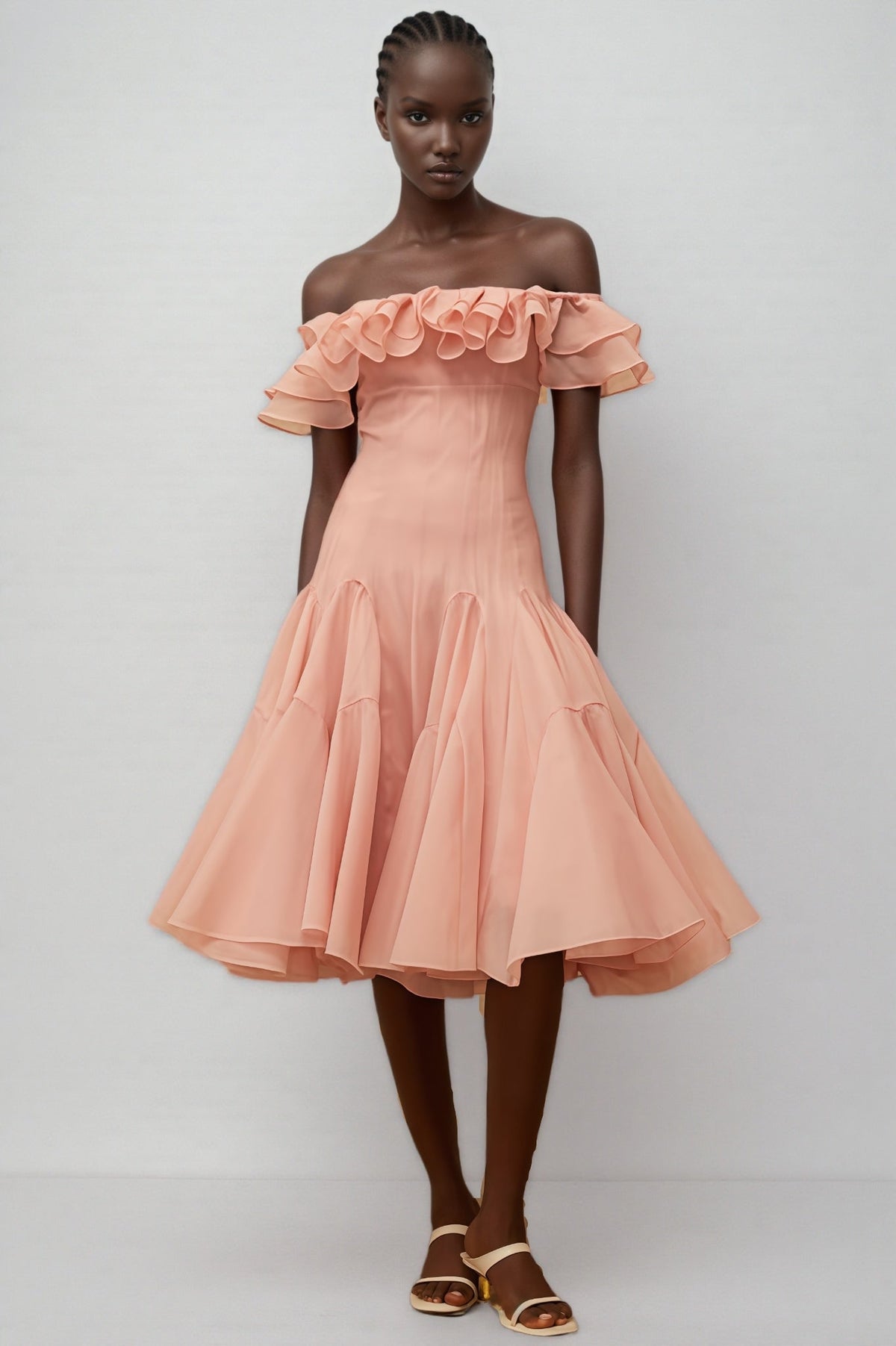 Off Shoulder Ruffle Trim Drop Waist Godet Flare Organza Midi Dress
