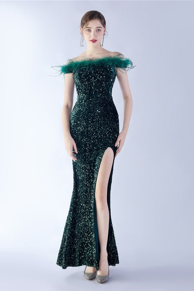 Sequin Off Shoulder Feather Trim High Split Mermaid Gown