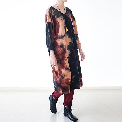 Tie Dye Print Long Sleeve Oversized Crew Neck Midi Dress