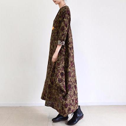 Fall Brown Baggy Long Sleeve Linen Dresses Long Cotton Maxi Dress
