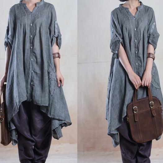 fall gray linen dresses half sleeve asymmetiral originally desgined plus size spring dress