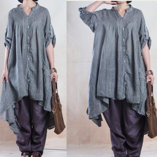 fall gray linen dresses half sleeve asymmetiral originally desgined plus size spring dress