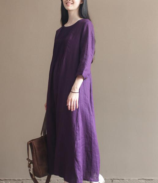 Fall Purple Linen Dresses Bracelet Sleeve Pleated Linen Maxi Dress Gowns