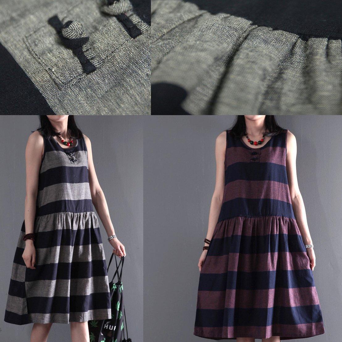 gray strip linen sundress summer sleeveless fit flare dress