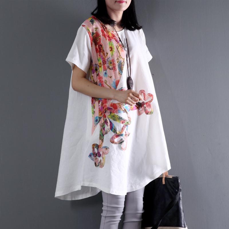 plus size White linen summer blouse shirt dress floral sundress