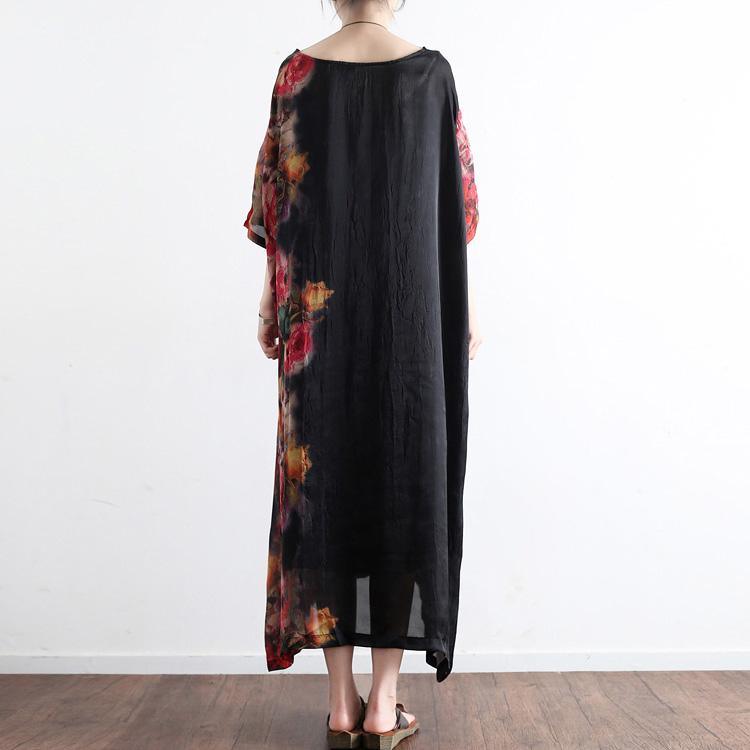 Black Prints Silk Dresses Plus Size Sundress Patchwork Short Sleeve Maxi Dress