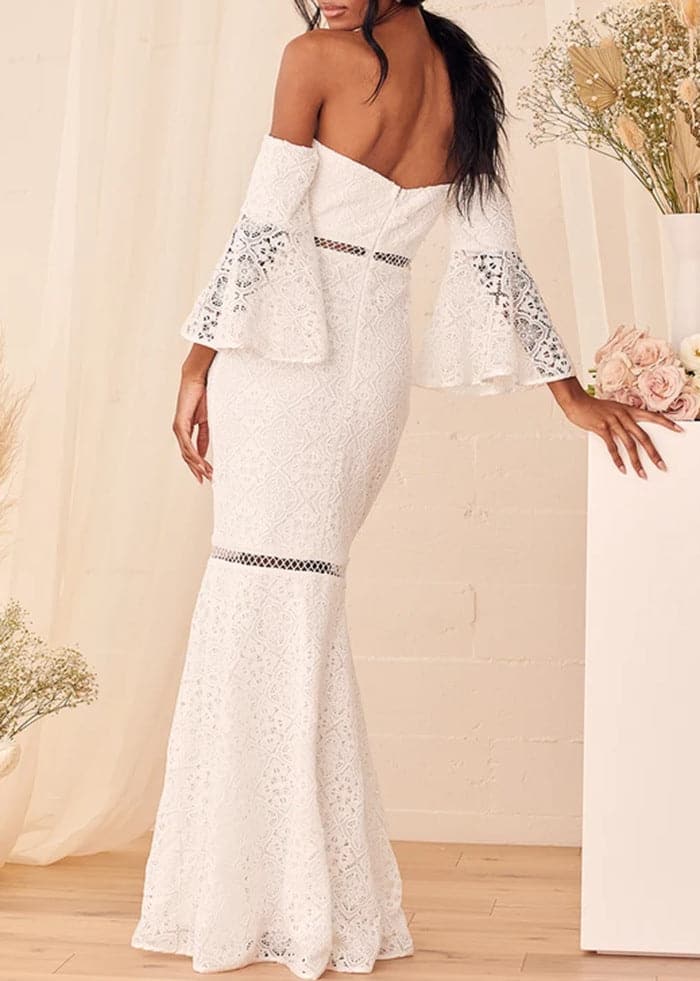 Off Shoulder Lace Bell Sleeve Mermaid Lace Trim Formal Gown