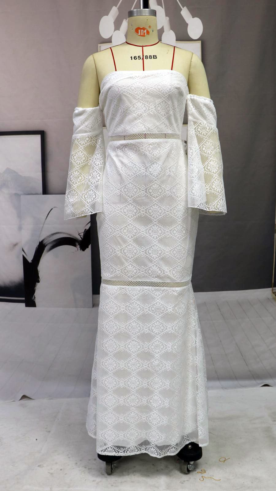 Off Shoulder Lace Bell Sleeve Mermaid Lace Trim Formal Gown