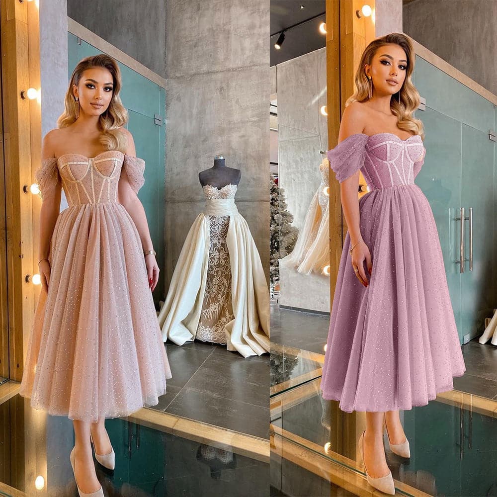 Off Shoulder Sweetheart Corset Beaded Tulle A-Line Gown