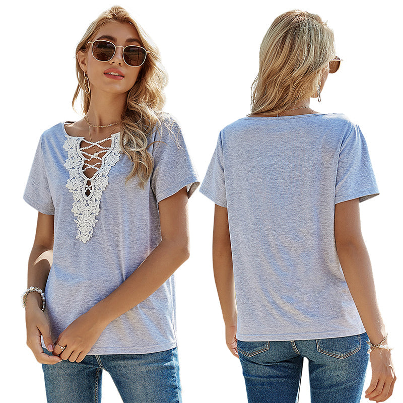 New Women's Slim Fit Solid Color Pullover Loose Lace V-neck Short-sleeved T-shirt