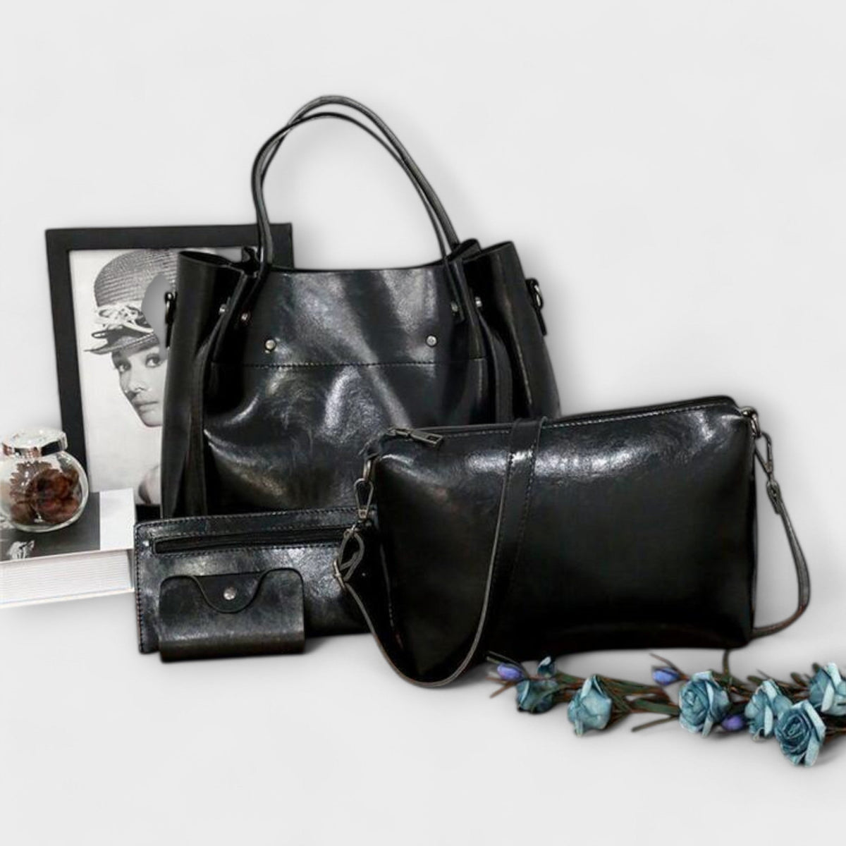 Faux Leather Tote Crossbody and Pouch Four Piece Bag Set