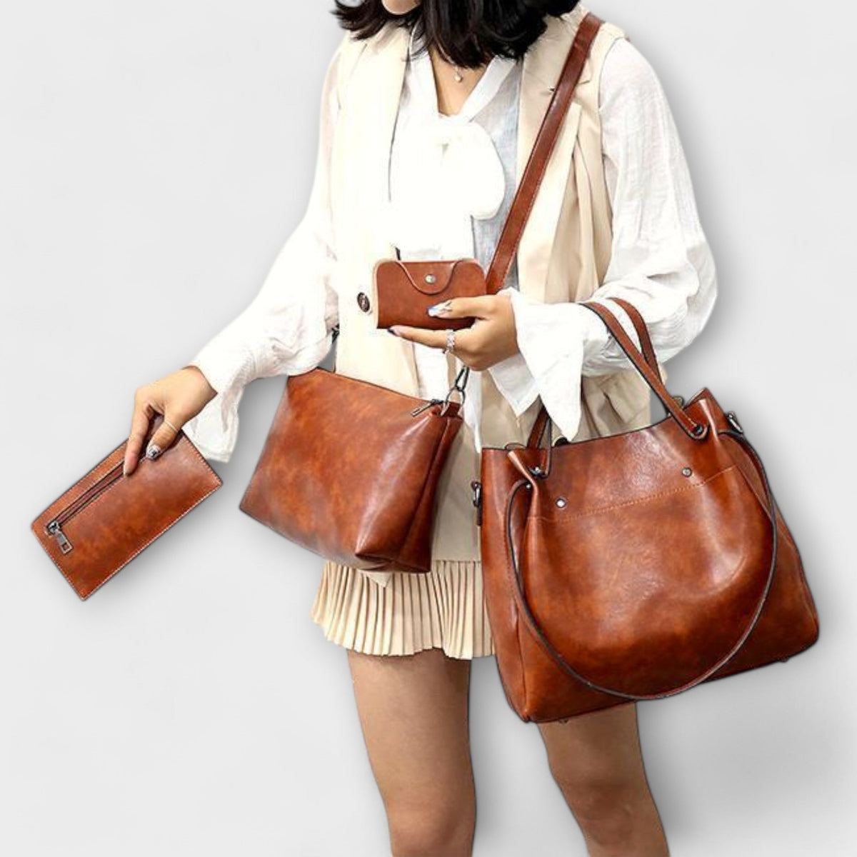 Faux Leather Tote Crossbody and Pouch Four Piece Bag Set