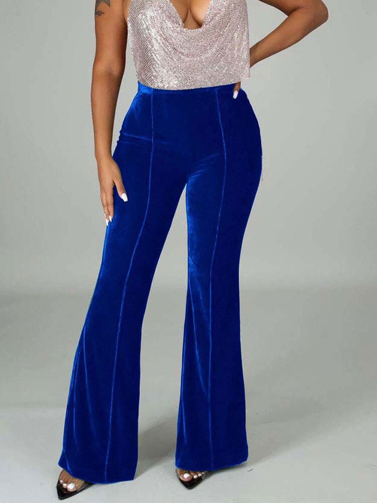 High Waist Velvet Front Seam Flare Leg Bell Bottom Pants 19