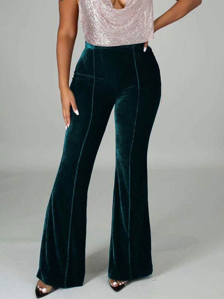 High Waist Velvet Front Seam Flare Leg Bell Bottom Pants 18