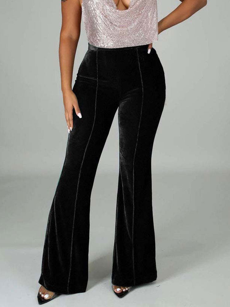 High Waist Velvet Front Seam Flare Leg Bell Bottom Pants 17